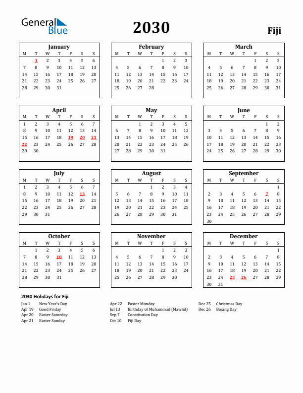 2030 Fiji Holiday Calendar - Monday Start