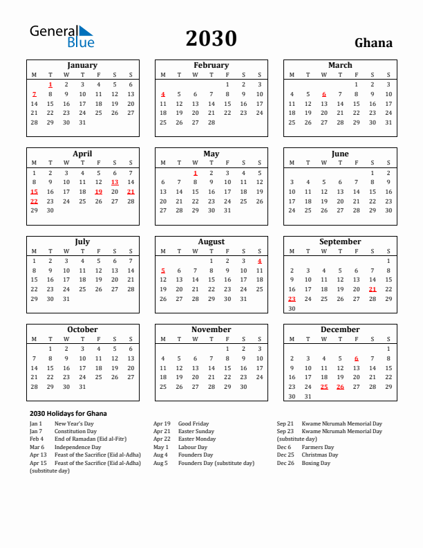2030 Ghana Holiday Calendar - Monday Start