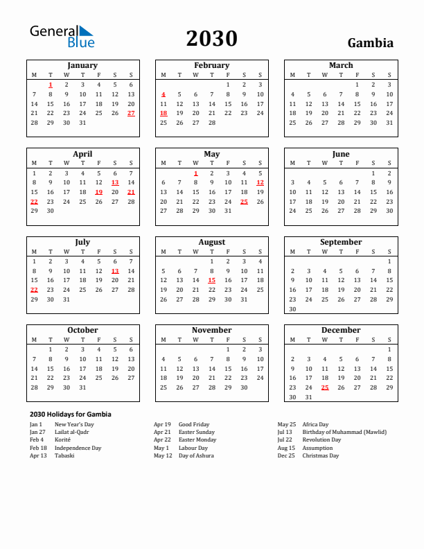 2030 Gambia Holiday Calendar - Monday Start