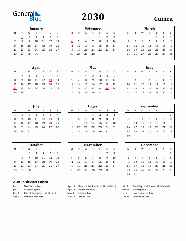 2030 Guinea Holiday Calendar - Monday Start