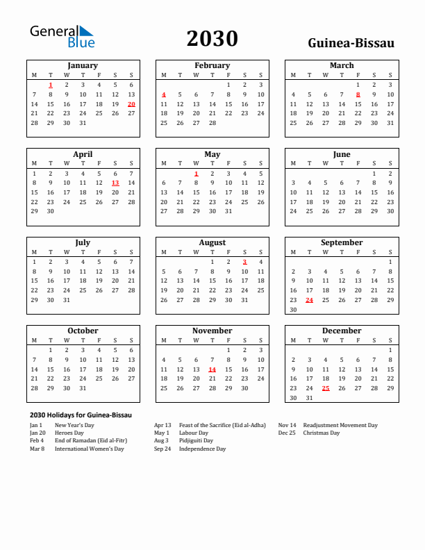 2030 Guinea-Bissau Holiday Calendar - Monday Start