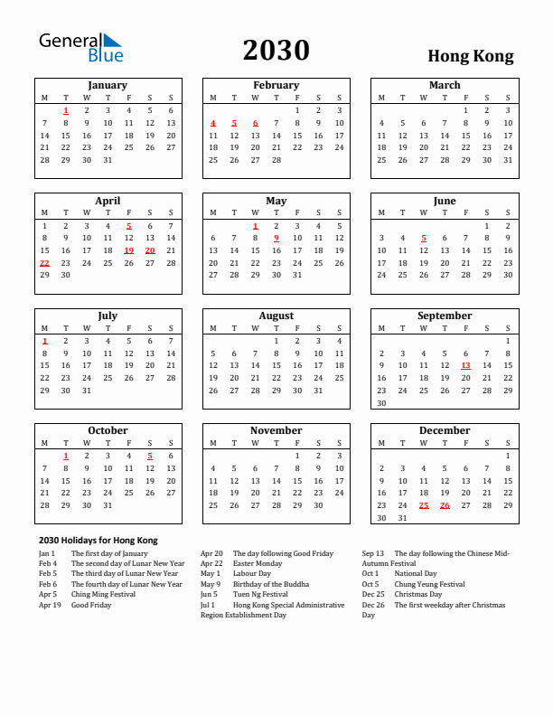 2030 Hong Kong Holiday Calendar - Monday Start