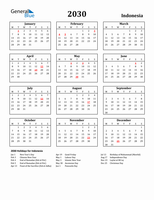 2030 Indonesia Holiday Calendar - Monday Start