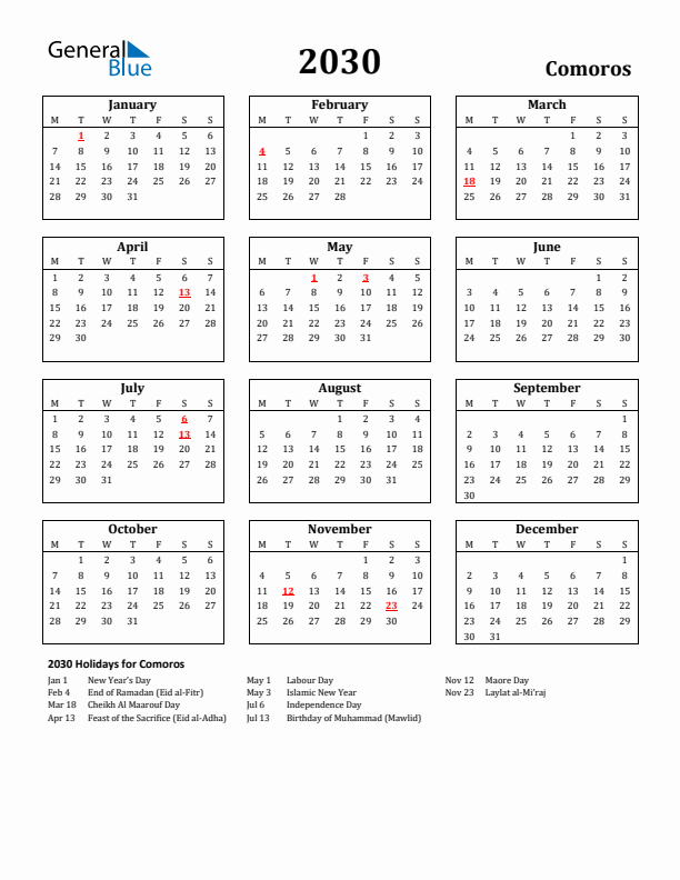 2030 Comoros Holiday Calendar - Monday Start