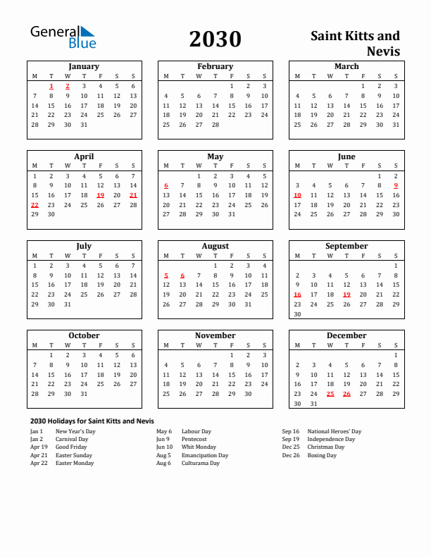 2030 Saint Kitts and Nevis Holiday Calendar - Monday Start