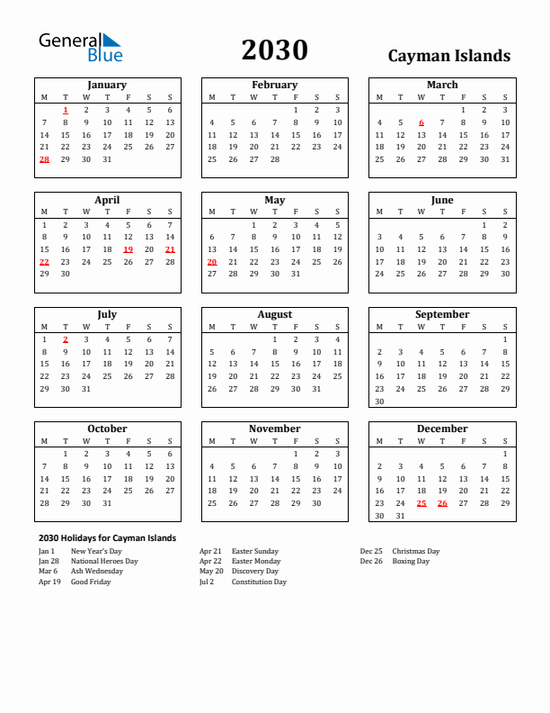 2030 Cayman Islands Holiday Calendar - Monday Start