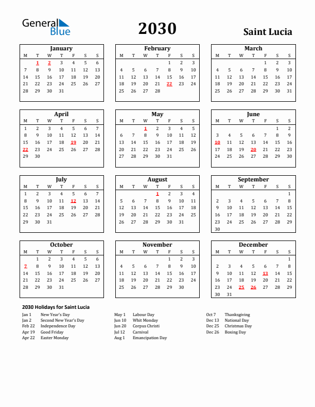 2030 Saint Lucia Holiday Calendar - Monday Start