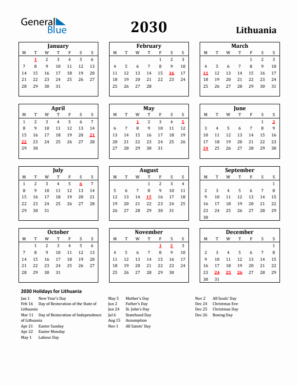 2030 Lithuania Holiday Calendar - Monday Start