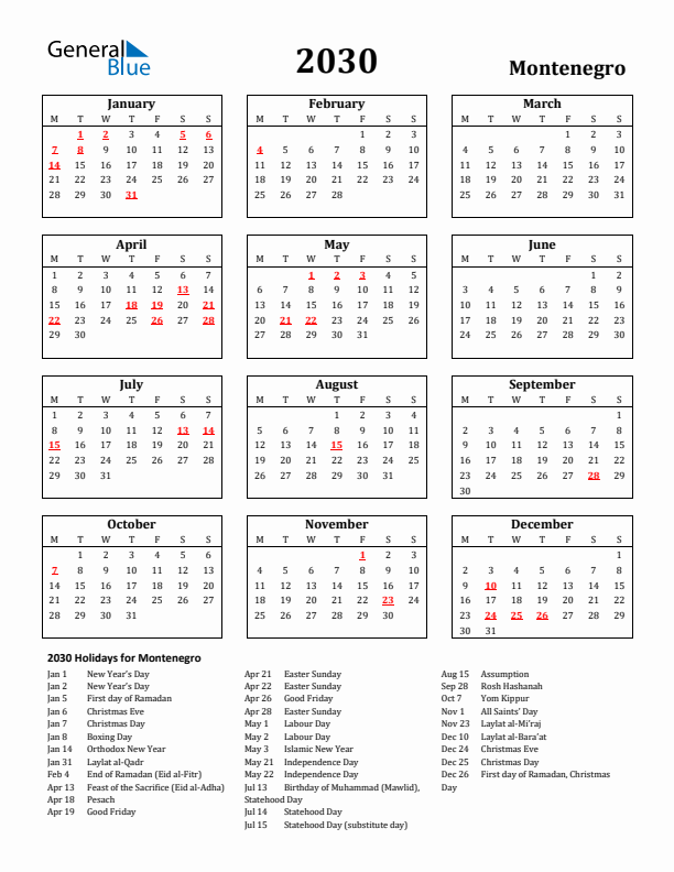2030 Montenegro Holiday Calendar - Monday Start