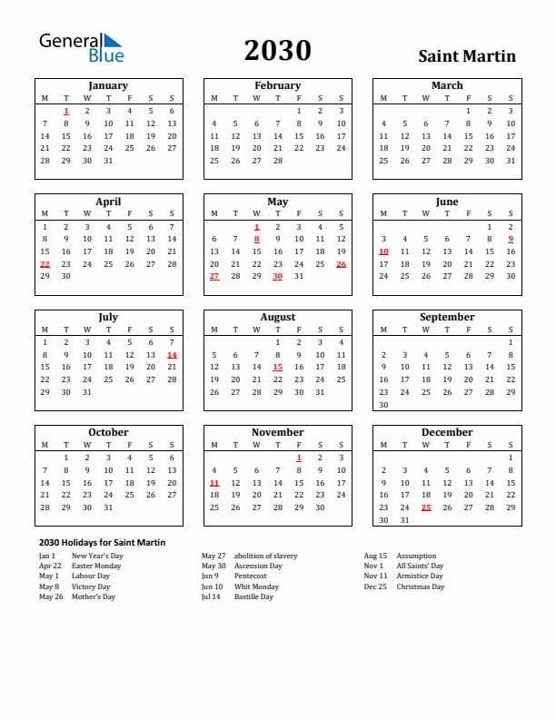 2030 Saint Martin Holiday Calendar - Monday Start