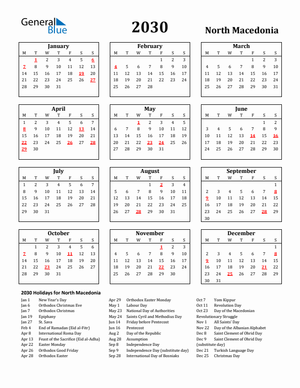 2030 North Macedonia Holiday Calendar - Monday Start