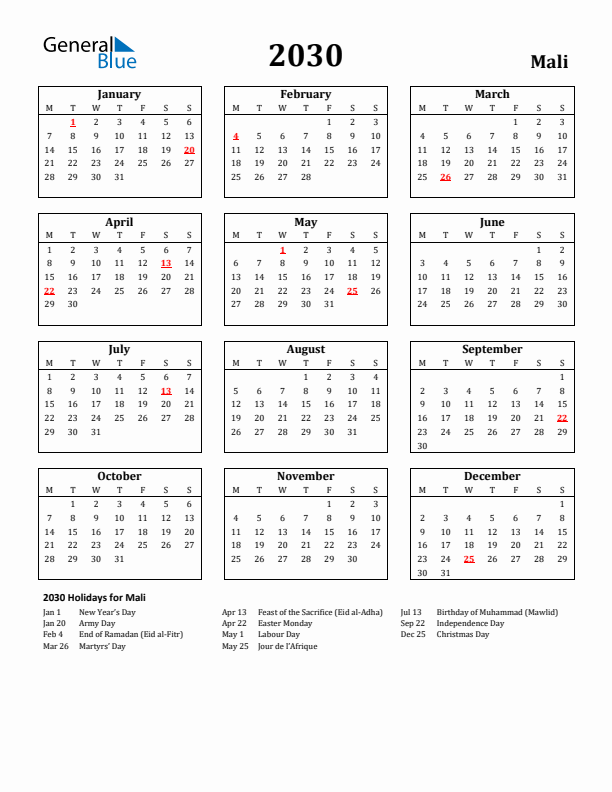 2030 Mali Holiday Calendar - Monday Start