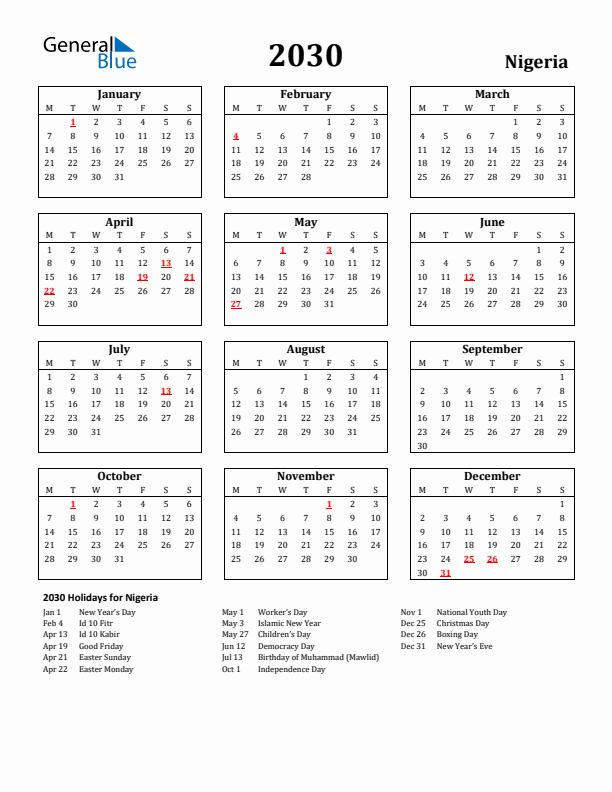 2030 Nigeria Holiday Calendar - Monday Start