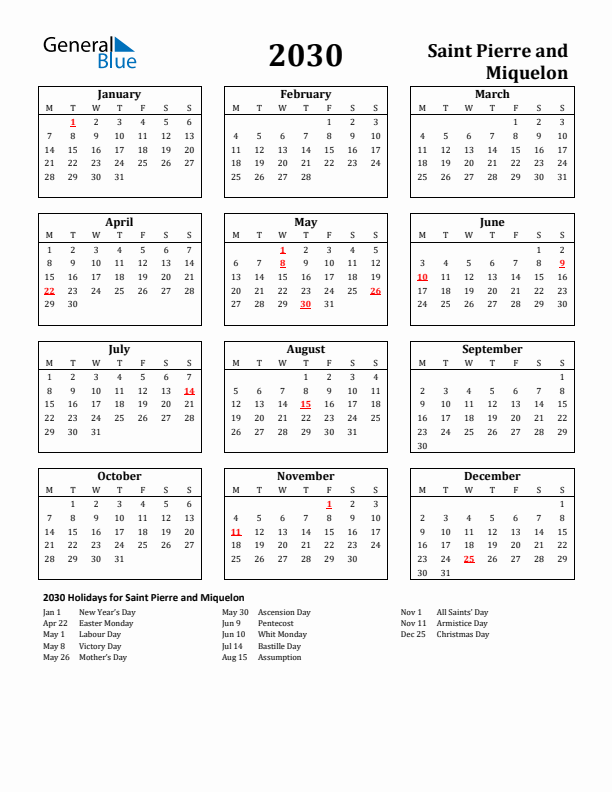 2030 Saint Pierre and Miquelon Holiday Calendar - Monday Start