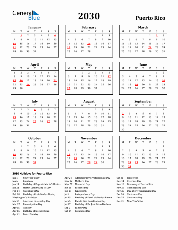 2030 Puerto Rico Holiday Calendar - Monday Start