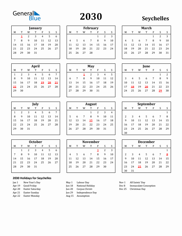 2030 Seychelles Holiday Calendar - Monday Start