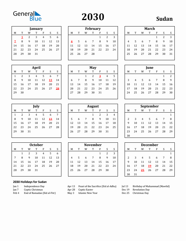 2030 Sudan Holiday Calendar - Monday Start