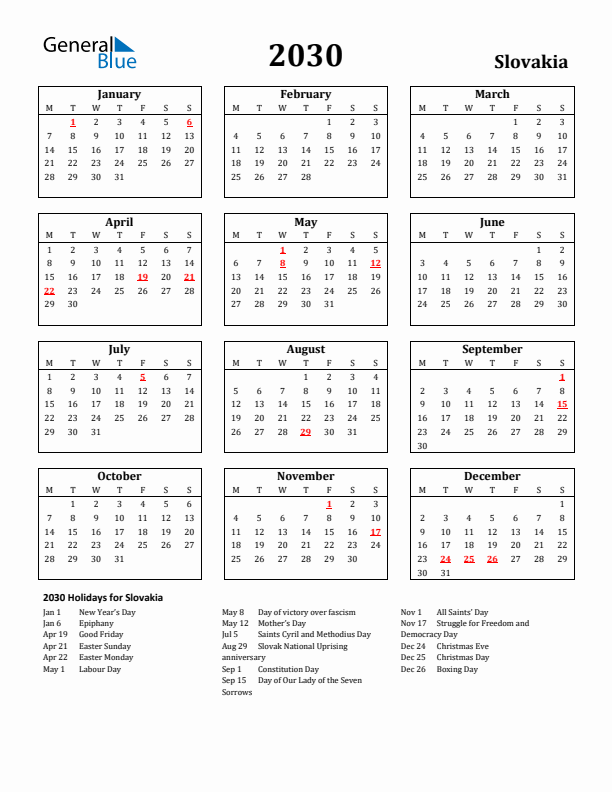 2030 Slovakia Holiday Calendar - Monday Start