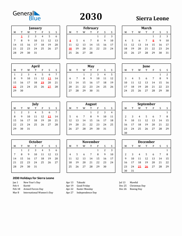 2030 Sierra Leone Holiday Calendar - Monday Start