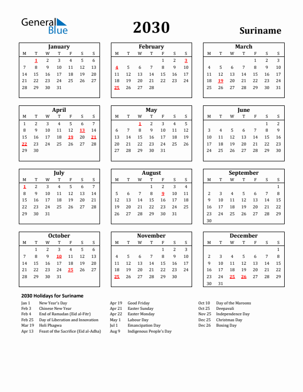 2030 Suriname Holiday Calendar - Monday Start