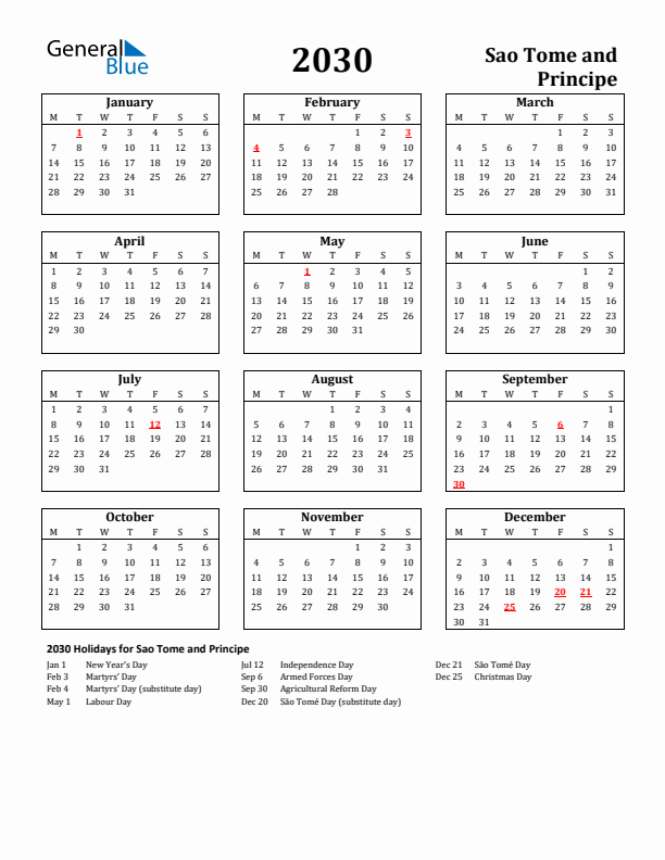 2030 Sao Tome and Principe Holiday Calendar - Monday Start