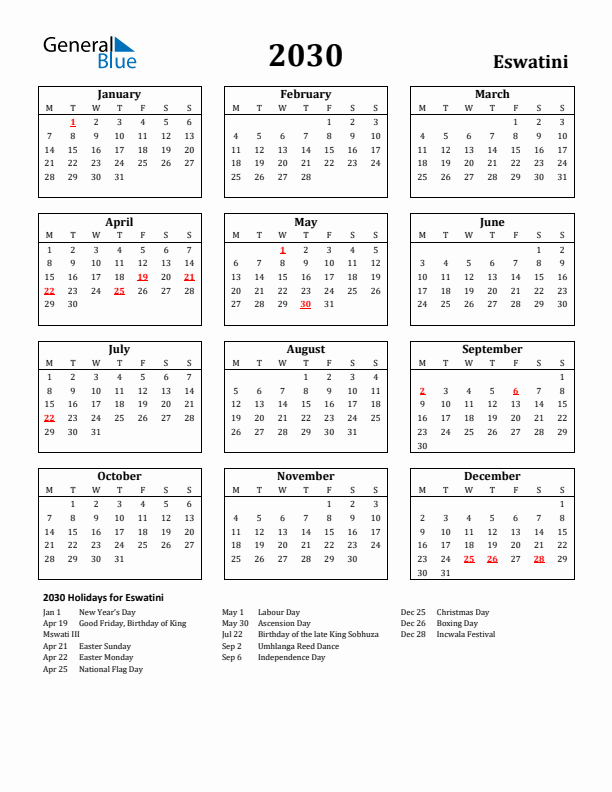2030 Eswatini Holiday Calendar - Monday Start