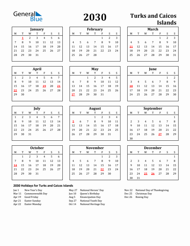 2030 Turks and Caicos Islands Holiday Calendar - Monday Start