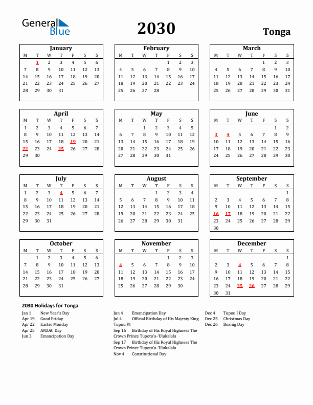2030 Tonga Holiday Calendar - Monday Start