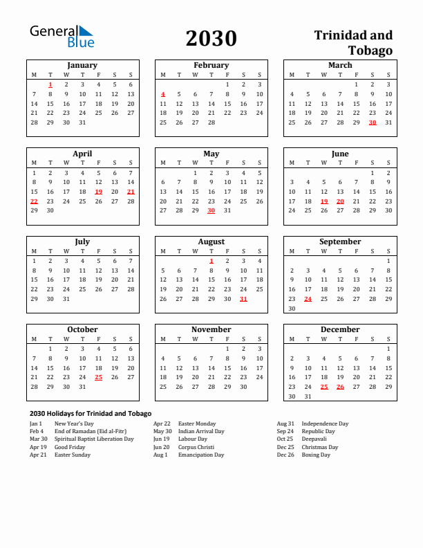 2030 Trinidad and Tobago Holiday Calendar - Monday Start