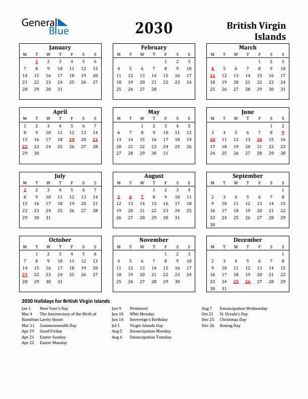 2030 British Virgin Islands Holiday Calendar - Monday Start