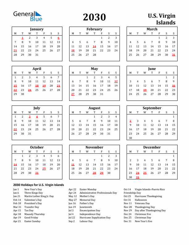 2030 U.S. Virgin Islands Holiday Calendar - Monday Start