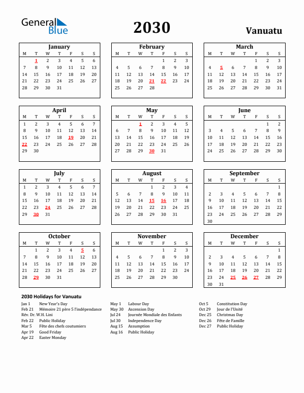 2030 Vanuatu Holiday Calendar - Monday Start