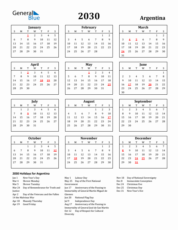 2030 Argentina Holiday Calendar - Sunday Start