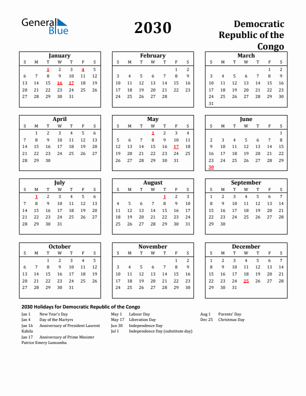 2030 Democratic Republic of the Congo Holiday Calendar - Sunday Start