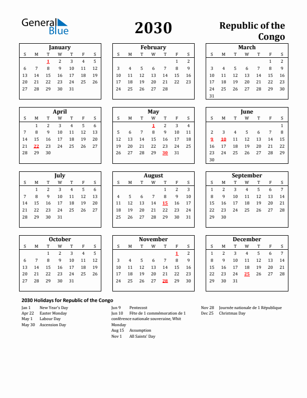 2030 Republic of the Congo Holiday Calendar - Sunday Start