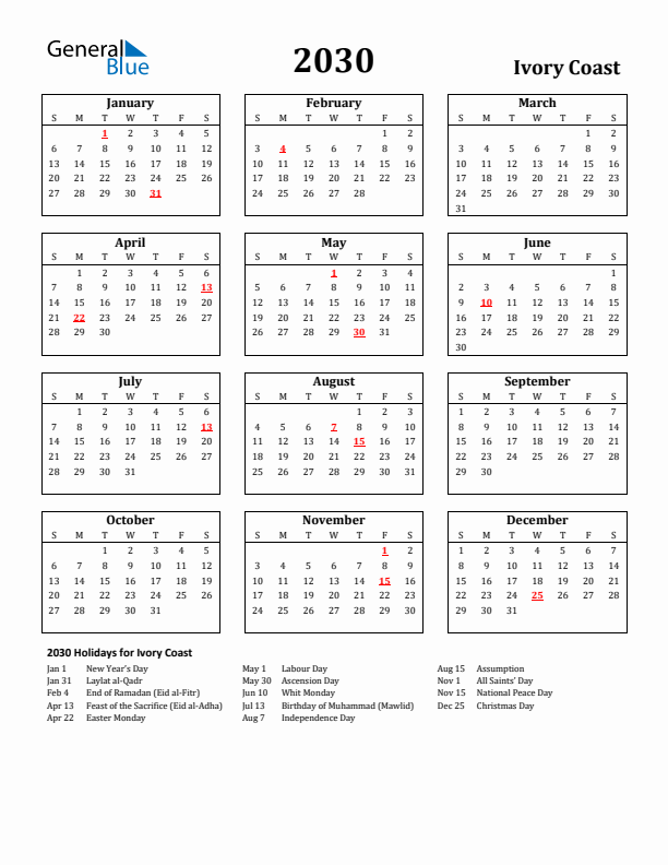 2030 Ivory Coast Holiday Calendar - Sunday Start