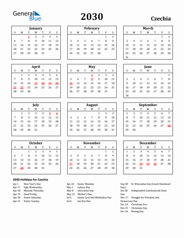 2030 Czechia Holiday Calendar - Sunday Start