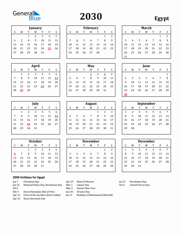 2030 Egypt Holiday Calendar - Sunday Start