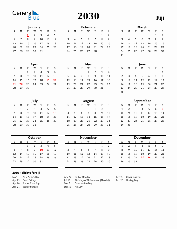 2030 Fiji Holiday Calendar - Sunday Start