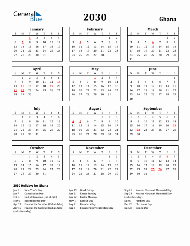 2030 Ghana Holiday Calendar - Sunday Start