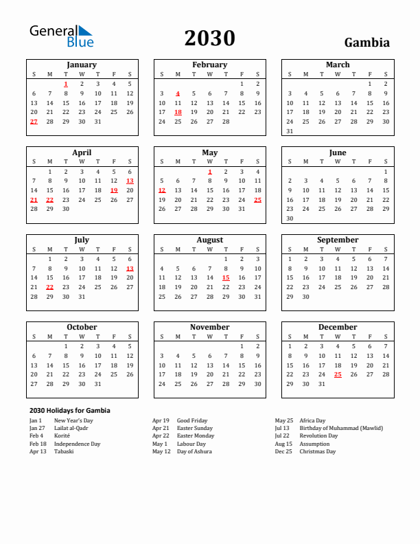 2030 Gambia Holiday Calendar - Sunday Start