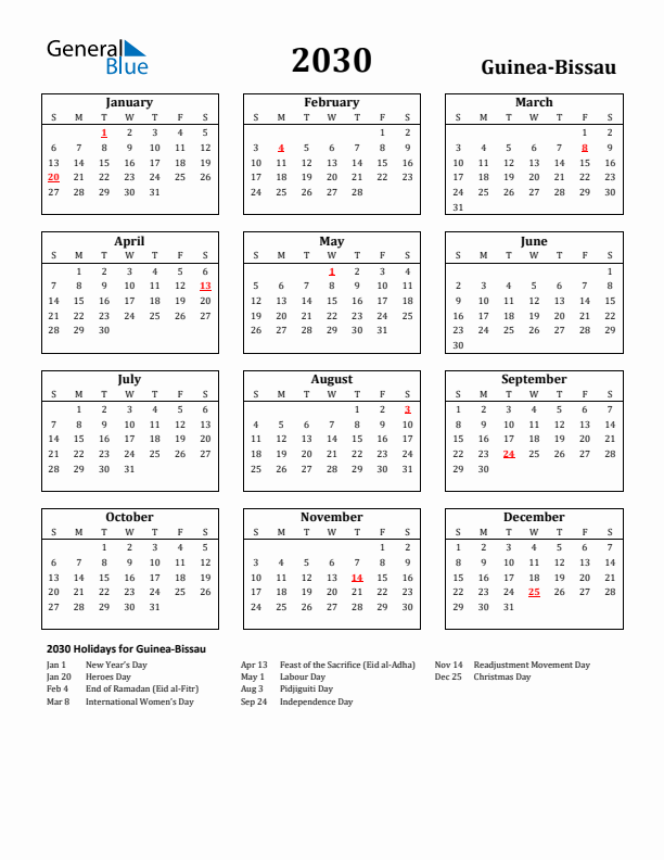 2030 Guinea-Bissau Holiday Calendar - Sunday Start