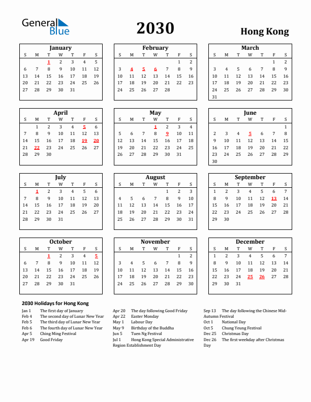 2030 Hong Kong Holiday Calendar - Sunday Start