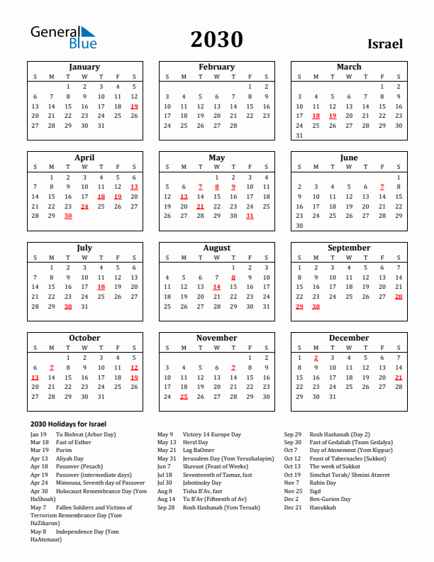 2030 Israel Holiday Calendar - Sunday Start