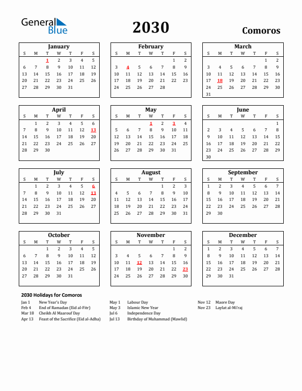 2030 Comoros Holiday Calendar - Sunday Start