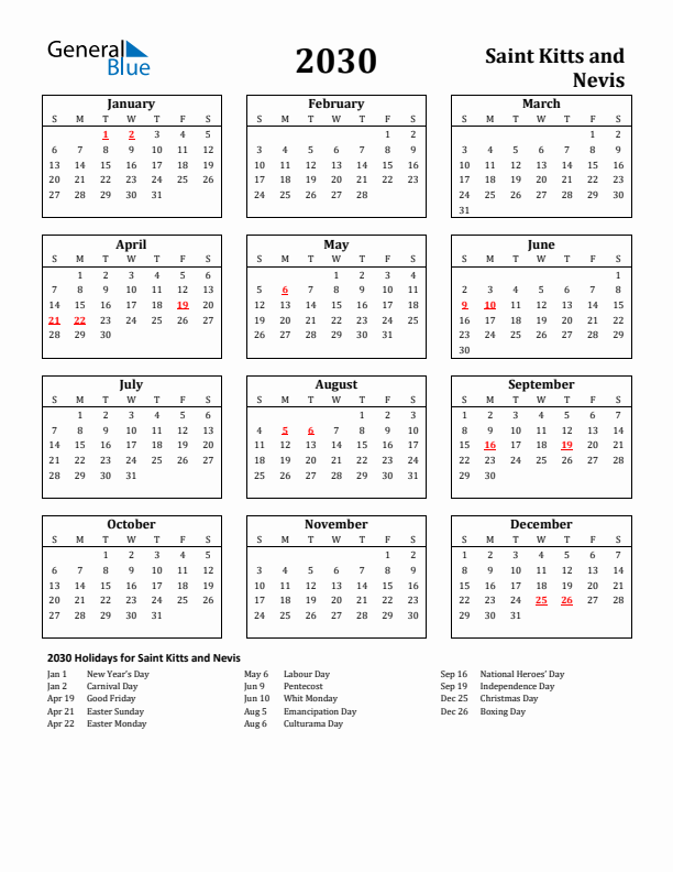 2030 Saint Kitts and Nevis Holiday Calendar - Sunday Start