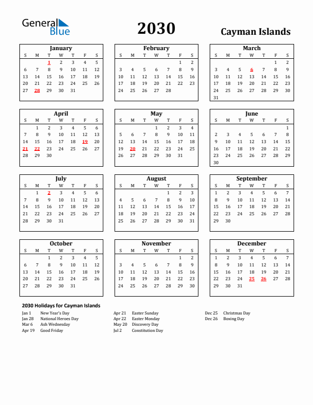 2030 Cayman Islands Holiday Calendar - Sunday Start