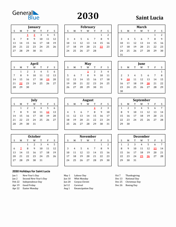2030 Saint Lucia Holiday Calendar - Sunday Start