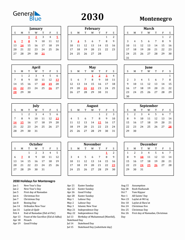 2030 Montenegro Holiday Calendar - Sunday Start