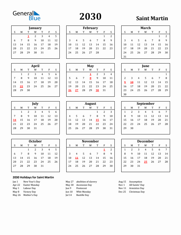 2030 Saint Martin Holiday Calendar - Sunday Start
